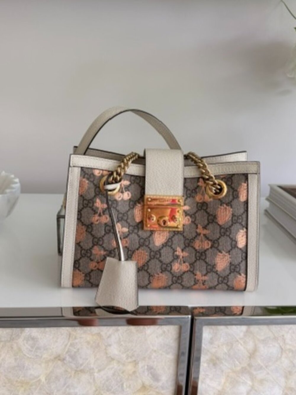 Gucci Canvas & Ebony White Leather Padlock Shoulder Bag, Rare Berry Print
